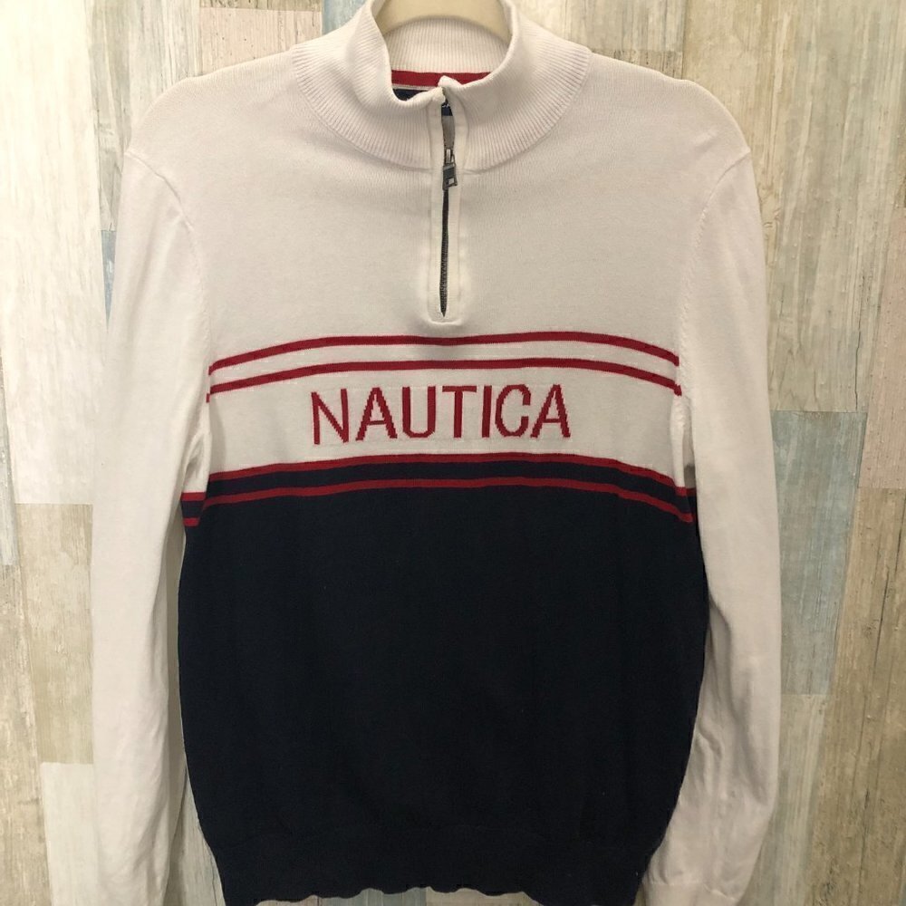 Vintage NAUTICA Blue White Red Varsity Stripe 1/2 Zip Sweater Men's size S